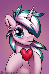 Size: 2000x3000 | Tagged: safe, artist:jedayskayvoker, oc, oc only, oc:candle smoke, big eyes, blushing, bust, cute, ear fluff, gradient background, heart, icon, male, patreon, patreon reward, portrait, smiling, solo, stallion