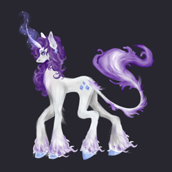 Size: 1280x1280 | Tagged: safe, artist:cyanideee, rarity, classical unicorn, pony, unicorn, g4, cloven hooves, curved horn, ear piercing, eyelashes, eyeshadow, female, glowing, glowing horn, horn, leonine tail, long legs, long tail, looking at you, magic, magic aura, makeup, piercing, purple mane, purple tail, sideview, simple background, slender, solo, tail, thin, unicorn horn, unshorn fetlocks, wavy hair, white coat