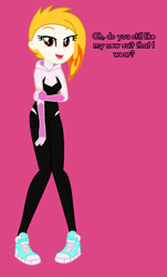 Size: 940x1560 | Tagged: safe, artist:robertsonskywa1, flare (g5), human, equestria girls, g4, g5, my little pony: tell your tale, ask, bodysuit, clothes, equestria girls-ified, female, g5 to equestria girls, g5 to g4, generation leap, marvel, photo, pink background, simple background, solo, spider-gwen, spider-man, spider-man: across the spider-verse, suit, text