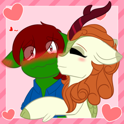 Size: 1380x1380 | Tagged: safe, artist:faithstar1121, autumn blaze, oc, oc:pastel dice, earth pony, g4, autel, awwtumn blaze, blushing, canon x oc, cloven hooves, commission, commissioner:equestriaguy637, cuddling, cute, duo, duo male and female, ear blush, earth pony oc, eyes closed, female, heart, hearts and hooves day, holiday, hug, hugging a pony, kissing, male, shipping, smiling, stallion, valentine's day, wavy mouth, ych result