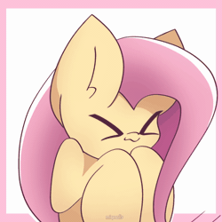 Size: 1000x1000 | Tagged: safe, artist:miryelis, fluttershy, pegasus, pony, g4, ><, animated, big ears, cute, eyes closed, female, gif, heart, human shoulders, mare, shyabetes, signature, smiling, solo