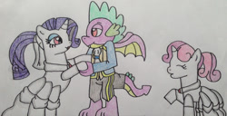 Size: 1280x653 | Tagged: safe, artist:dragonpriness, rarity, spike, sweetie belle, dragon, pony, unicorn, g4, ponies of dark water, ^^, alternate hairstyle, belle sisters, bridesmaid, bridesmaid dress, clothes, dress, eyes closed, eyeshadow, female, holding hooves, looking at each other, looking at someone, makeup, male, marriage, older, older spike, open mouth, open smile, ship:sparity, shipping, siblings, sisters, smiling, smiling at each other, straight, traditional art, wedding, wedding dress, winged spike, wings