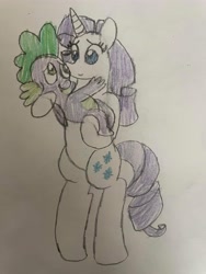 Size: 3024x4032 | Tagged: safe, artist:powerpup97, rarity, spike, dragon, pony, unicorn, g4, bridal carry, carrying, cute, daaaaaaaaaaaw, duo, female, looking at each other, looking at someone, male, mare, on hind legs, ship:sparity, shipping, smiling, smiling at each other, straight, traditional art, wholesome