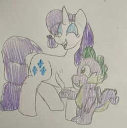 Size: 1048x1056 | Tagged: safe, artist:powerpup97, rarity, spike, dragon, pony, unicorn, g4, duo, eyes closed, eyeshadow, feather, female, laughing, makeup, male, mare, ship:sparity, shipping, smiling, straight, tickling, traditional art, winged spike, wings