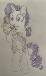 Size: 1170x1903 | Tagged: safe, artist:powerpup97, rarity, spike, dragon, pony, unicorn, g4, carrying, cute, daaaaaaaaaaaw, duo, female, looking at each other, looking at someone, male, mare, on hind legs, ship:sparity, shipping, smiling, smiling at each other, straight, traditional art, wholesome