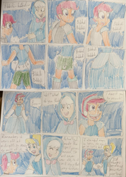 Size: 1013x1421 | Tagged: safe, artist:powerpup97, scootaloo, human, equestria girls, g4, ^^, amazed, cinderella, clothes, comic, dialogue, dress, eyes closed, fairy godmother, female, gown, holding hands, magic wand, open mouth, open smile, smiling, sparkles, speech bubble, surprised, traditional art, transformation, transformation sequence, transforming clothes, trio