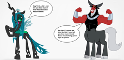 Size: 1270x617 | Tagged: safe, lord tirek, queen chrysalis, centaur, changeling, changeling queen, taur, g4, bracer, cloven hooves, duo, female, flexing, flirting, low effort, male, nose piercing, nose ring, piercing, png, shipping, simple background, speech bubble, straight, white background