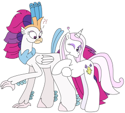 Size: 2656x2393 | Tagged: safe, artist:supahdonarudo, fleur-de-lis, queen novo, classical hippogriff, hippogriff, unicorn, series:fleurbuary, g4, my little pony: the movie, exclamation point, heart, looking at each other, looking at someone, one eye closed, pose, question mark, redraw, simple background, surprised, transparent background, wink