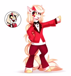 Size: 2328x2500 | Tagged: safe, artist:buvanybu, demon, demon pony, earth pony, pony, bipedal, blushing, charlie morningstar, clothes, colored hooves, crossover, ear blush, fangs, female, hazbin hotel, hellaverse, hellborn, looking up, mare, open mouth, open smile, ponified, princess, princess of hell, smiling, solo, suit