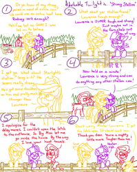 Size: 4779x6013 | Tagged: safe, artist:adorkabletwilightandfriends, apple bloom, applejack, twilight sparkle, oc, oc:lawrence, oc:rodney, alicorn, goat, comic:adorkable twilight and friends, g4, adorkable, adorkable twilight, barn, bipedal, bipedal leaning, blushing, bow, comic, conversation, cute, defensive, dork, embarrassed, farm, fence, forest, grin, hat, humor, leaning, leaning on wall, nature, slice of life, smiling, strength, sweet apple acres, tree, twilight sparkle (alicorn), wagon