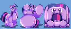 Size: 3019x1220 | Tagged: safe, artist:lilacnightmare, twilight sparkle, alicorn, pony, g4, bouncy castle, fetish, inanimate object, inanimate tf, inflatable, inflatable fetish, inflatable toy, objectification, rubber, toy, transformation, twilight sparkle (alicorn), wings
