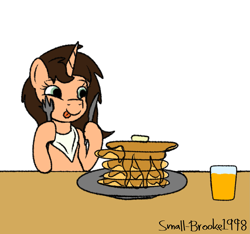 Size: 1589x1485 | Tagged: safe, artist:small-brooke1998, oc, oc only, pony, unicorn, breakfast, food, juice, kitchen eyes, orange juice, pancake day, pancakes, simple background, solo, white background