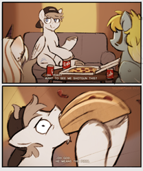 Size: 2196x2634 | Tagged: safe, artist:selenophile, oc, oc only, oc:lunny, oc:lunny tearful, oc:pendulum, oc:seleno, pegasus, pony, unicorn, 2 panel comic, 30 rock, coke, comic, couch, drink, eating, faic, food, funny, hoof hold, meat, meme, pepperoni, pepperoni pizza, pizza, silly, soda, soda can, solo focus, stuffing, trio
