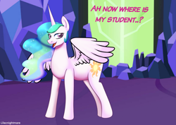 Size: 2283x1614 | Tagged: safe, artist:lilacnightmare, part of a set, princess celestia, alicorn, pony, g4, female, implied twilight sparkle, mare, no tail, open mouth, solo, standing, text, twilight's castle