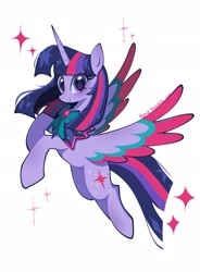 Size: 1504x2048 | Tagged: safe, artist:petaltwinkle, twilight sparkle, alicorn, pony, g4, alternate design, colored wings, colored wingtips, female, flying, kinsona, looking at you, mare, multicolored wings, redesign, signature, simple background, smiling, smiling at you, solo, sparkles, twilight sparkle (alicorn), white background, wings