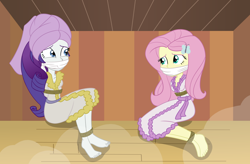 Size: 2500x1640 | Tagged: safe, artist:nie-martw-sie-o-mnie, fluttershy, rarity, human, equestria girls, g4, barefoot, bathrobe, bondage, bound and gagged, butterfly hairpin, cloth gag, clothes, feet, gag, hairpin, robe, rope, rope bondage, spa, tied up, towel, towel on head