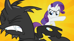 Size: 1268x709 | Tagged: safe, screencap, rarity, changeling, unicorn, a canterlot wedding, g4, eyes closed, fight, gritted teeth, teeth, yellow background