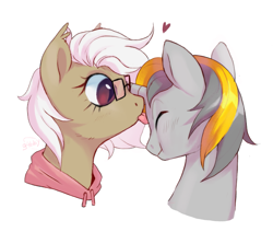 Size: 1605x1363 | Tagged: safe, artist:g4bby, oc, oc only, oc:aurora blossom, oc:venture heart, bat pony, unicorn, face licking, glasses, licking, ship:venturora, simple background, tongue out, white background