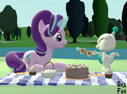 Size: 2599x1920 | Tagged: safe, artist:gradiusfanatic, starlight glimmer, oc, oc:bx-8, dragon, unicorn, g4, 3d, cake, canon x oc, cup, female, food, hearts and hooves day, male, source filmmaker, teacup, teapot, tree