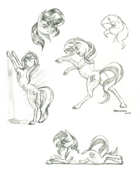 Size: 1100x1357 | Tagged: safe, artist:baron engel, sunset shimmer, pony, unicorn, g4, bedroom eyes, bipedal, bipedal leaning, black and white, butt, female, grayscale, leaning, looking at you, lying down, mare, monochrome, pencil drawing, plot, shower, showering, simple background, sketch, solo, study, sultry pose, traditional art, white background
