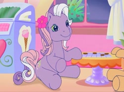 Size: 1200x892 | Tagged: safe, screencap, wysteria, earth pony, pony, a charming birthday, g3, chocolate chip checkers, cotton candy cafe, cute, female, flower, flower in hair, g3betes, mare, offscreen character, sitting, solo, table, wysteriadorable