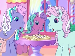 Size: 1200x897 | Tagged: safe, screencap, minty, razzaroo, sweetberry, earth pony, pony, a charming birthday, g3, bag, book, cotton candy cafe, female, looking at something, mare, table, trio, trio female, worried