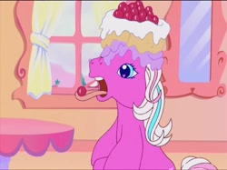 Size: 1200x898 | Tagged: safe, screencap, cotton candy (g3), earth pony, pony, a charming birthday, g3, cake, cotton candy cafe, eating, female, food, food on face, herbivore, mare, solo, tongue out