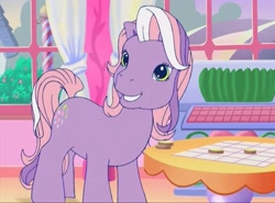 Size: 1200x889 | Tagged: safe, screencap, wysteria, earth pony, pony, a charming birthday, g3, cotton candy cafe, female, mare, solo, table, turned head, wysteriadorable