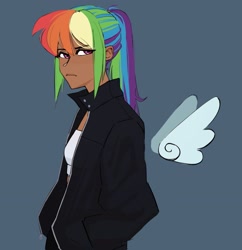 Size: 2685x2770 | Tagged: safe, artist:llama, rainbow dash, human, g4, clothes, dark skin, female, floating wings, gray background, hand in pocket, high res, humanized, jacket, ponytail, simple background, solo, winged humanization, wings