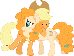 Size: 2101x1600 | Tagged: safe, artist:cloudy glow, applejack, pear butter, earth pony, pony, g4, applejack's hat, cowboy hat, crying, cute, eyes closed, female, hat, hug, jackabetes, mare, mother and child, mother and daughter, pearabetes, simple background, smiling, tears of joy, transparent background