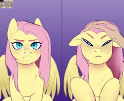 Size: 3144x2550 | Tagged: safe, artist:evlass, fluttershy, human, pegasus, pony, g4, behaving like a cat, blushing, chest fluff, faic, female, floppy ears, gradient background, hand, mare, petting, ponified animal photo, solo