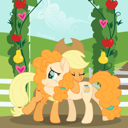 Size: 1600x1600 | Tagged: safe, artist:cloudy glow, applejack, pear butter, earth pony, pony, g4, apple, applejack's hat, cowboy hat, crying, cute, eyes closed, female, food, hat, hug, jackabetes, mare, mother and child, mother and daughter, pear, smiling, sweet apple acres, tears of joy