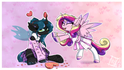 Size: 3840x2160 | Tagged: safe, artist:jubyskylines, princess cadance, queen chrysalis, alicorn, changeling, changeling queen, pony, g4, antennae, bracelet, choker, clothes, cute, cutealis, cutedance, duo, ear fluff, eye clipping through hair, female, fishnet stockings, happy, heart, hearts and hooves day, holiday, hoofless socks, infidelity, jewelry, lesbian, mare, open mouth, open smile, petals, rose petals, ship:cadalis, shipping, smiling, socks, spread wings, stockings, thigh highs, unamused, valentine's day, wavy mouth, wings