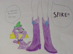 Size: 3969x2930 | Tagged: safe, anonymous artist, rarity, spike, dog, human, equestria girls, g4, boots, boots shot, colored, eyes on the prize, female, high heel boots, legs, male, pervert, pictures of legs, ship:sparity, shipping, shoes, speech bubble, straight, traditional art