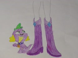 Size: 4047x3033 | Tagged: safe, anonymous artist, rarity, spike, dog, human, equestria girls, g4, boots, boots shot, colored, eyes on the prize, female, high heel boots, legs, male, pervert, pictures of legs, ship:sparity, shipping, shipping fuel, shoes, straight, traditional art