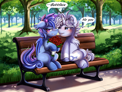 Size: 3139x2370 | Tagged: safe, artist:pridark, oc, oc only, oc:astral flare, bat pony, pony, unicorn, bench, blushing, bouquet, colt, cute, female, filly, flower, foal, holding, holiday, male, nuzzling, oc x oc, park, park bench, rose, shipping, straight, tree, valentine's day