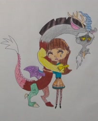 Size: 2862x3517 | Tagged: safe, anonymous artist, discord, draconequus, human, g4, best friend, best friends, blythe baxter, colored, comforting, crossover, crying, friend, friends, hug, littlest pet shop, michael kopsa, sad, sympathy, tears of sadness, traditional art, tribute