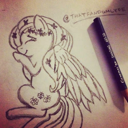 Size: 640x640 | Tagged: safe, artist:bow2yourwaifu, fluttershy, pegasus, pony, g4, butt, cute, flutterbutt, plot, shyabetes, smiling, traditional art