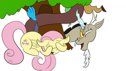 Size: 1192x670 | Tagged: safe, artist:bow2yourwaifu, discord, fluttershy, draconequus, pegasus, pony, g4, best friend, best friends, friend, friends, fun, hide and seek, one eye closed, open mouth, playing, simple background, smiling, tree, white background, wink