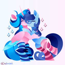 Size: 3000x3000 | Tagged: safe, artist:neonishe, oc, oc only, oc:neon star, oc:raylanda, alicorn, earth pony, clothes, cute, gradient background, hug, socks, stockings, striped socks, thigh highs