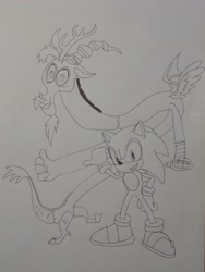 Size: 3013x4008 | Tagged: safe, anonymous artist, discord, draconequus, g4, awesome, best friend, best friends, cool, crossover, duo, duo male, friend, friends, male, open mouth, pointing, smiling, sonic the hedgehog, sonic the hedgehog (series), thumbs up, traditional art