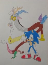 Size: 3049x4096 | Tagged: safe, anonymous artist, discord, draconequus, g4, awesome, best friend, best friends, colored, cool, crossover, duo, duo male, friend, friends, male, open mouth, pointing, smiling, sonic the hedgehog, sonic the hedgehog (series), thumbs up, traditional art