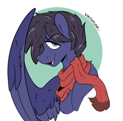 Size: 1444x1428 | Tagged: safe, artist:viktiipunk, oc, oc:fenris ebonyglow, pegasus, pony, bust, chest fluff, clothes, fangs, feathered wings, hybrid oc, looking at you, open mouth, scarf, solo, spread wings, wings