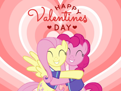 Size: 960x718 | Tagged: artist needed, safe, anonymous artist, artist:twilyisbestpone, fluttershy, pinkie pie, earth pony, pegasus, pony, g4, ^^, cute, daaaaaaaaaaaw, duo, eyes closed, female, grin, heart, heart background, hearts and hooves day, holiday, lesbian, ship:flutterpie, shipping, shyabetes, smiling, snuggling, song in the description, the sweethearts, valentine's day, valentine's day card, valentine's day picture