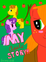 Size: 770x1024 | Tagged: safe, artist:brawnybold, big macintosh, feather bangs, sugar belle, earth pony, g4, anime, apple, digital art, food, recolor, romance, signature