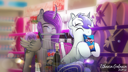 Size: 3840x2160 | Tagged: safe, artist:etheria galaxia, oc, oc only, oc:etheria galaxia, oc:scratch wub, alicorn, pony, unicorn, alicorn oc, bottle, box of chocolates, chips, curved horn, depth of field, doritos, ear fluff, female, food, glasses, holiday, horn, indoors, male, mare, mouth hold, ship:scratchtheria, shopping, shopping cart, stallion, tail, unicorn oc, valentine's day, watermark, wine bottle, wings