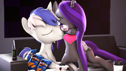 Size: 3840x2160 | Tagged: safe, artist:scratch_wub, oc, oc only, oc:etheria galaxia, oc:scratch wub, alicorn, pony, unicorn, 3d, alicorn oc, blushing, cheek kiss, chips, coffee, controller, couch, doritos, drink, duo, energy drink, female, food, glasses, heart, high res, holiday, horn, kissing, male, monster energy, oc x oc, ship:scratchtheria, shipping, source filmmaker, straight, unicorn oc, valentine's day, wings