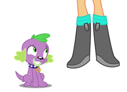 Size: 948x684 | Tagged: safe, anonymous artist, anonymous editor, scootaloo, spike, dog, human, equestria girls, g4, eyes on the prize, legs, pictures of legs, shoes, simple background, sneakers, white background