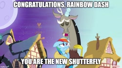 Size: 888x499 | Tagged: safe, edit, edited screencap, screencap, discord, rainbow dash, draconequus, pegasus, pony, g4, princess twilight sparkle (episode), black vine, caption, element of loyalty, image macro, imgflip, moon, ponyville, text