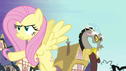 Size: 1280x720 | Tagged: safe, screencap, discord, fluttershy, draconequus, pegasus, pony, g4, princess twilight sparkle (episode), black vine, element of kindness, ponyville